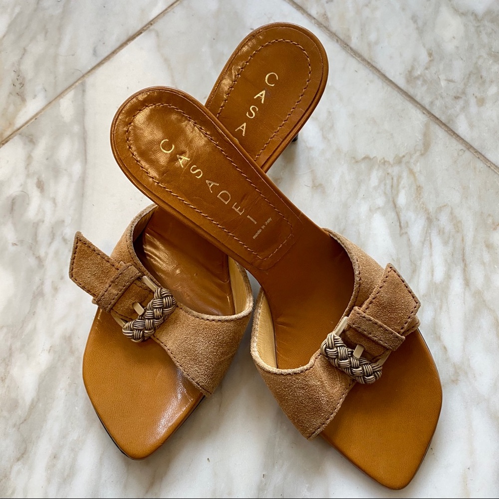 CASADEI open toe buckle suede tan slide on heels